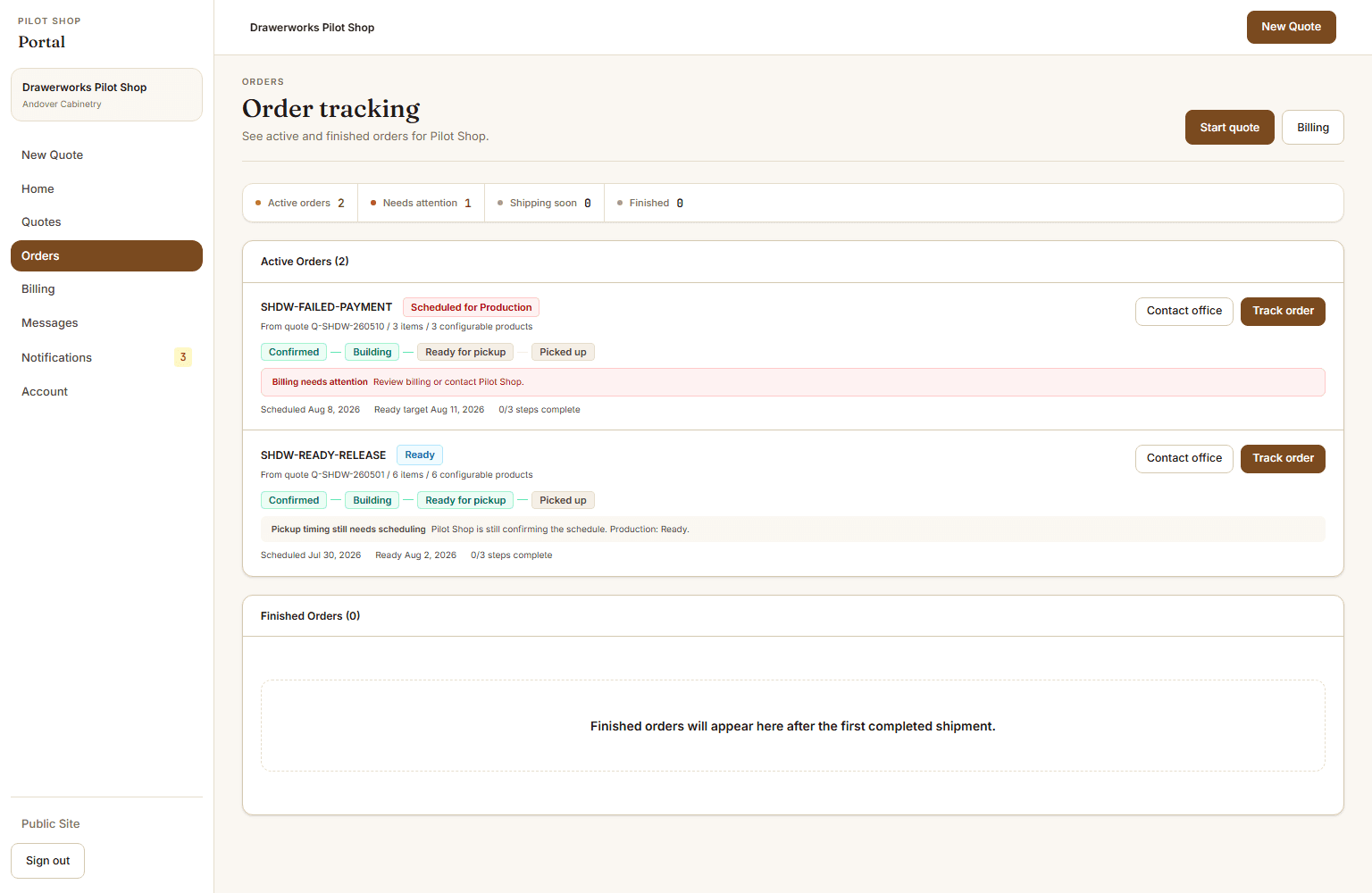 DrawerWorks customer portal order list
