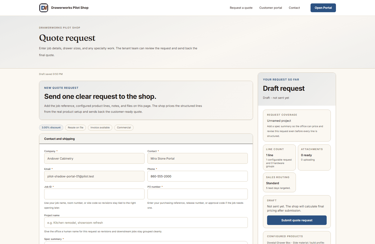 DrawerWorks Pilot Shop quote builder with customer, product, dimensions, and pricing controls
