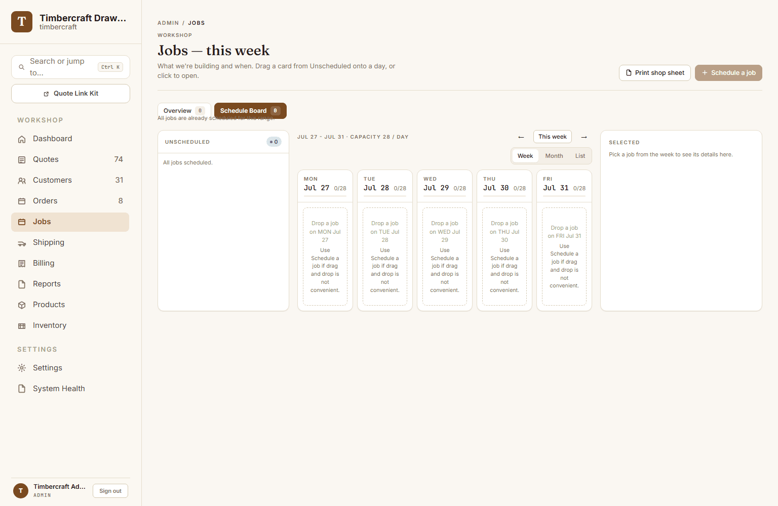 DrawerWorks production schedule organized by workday