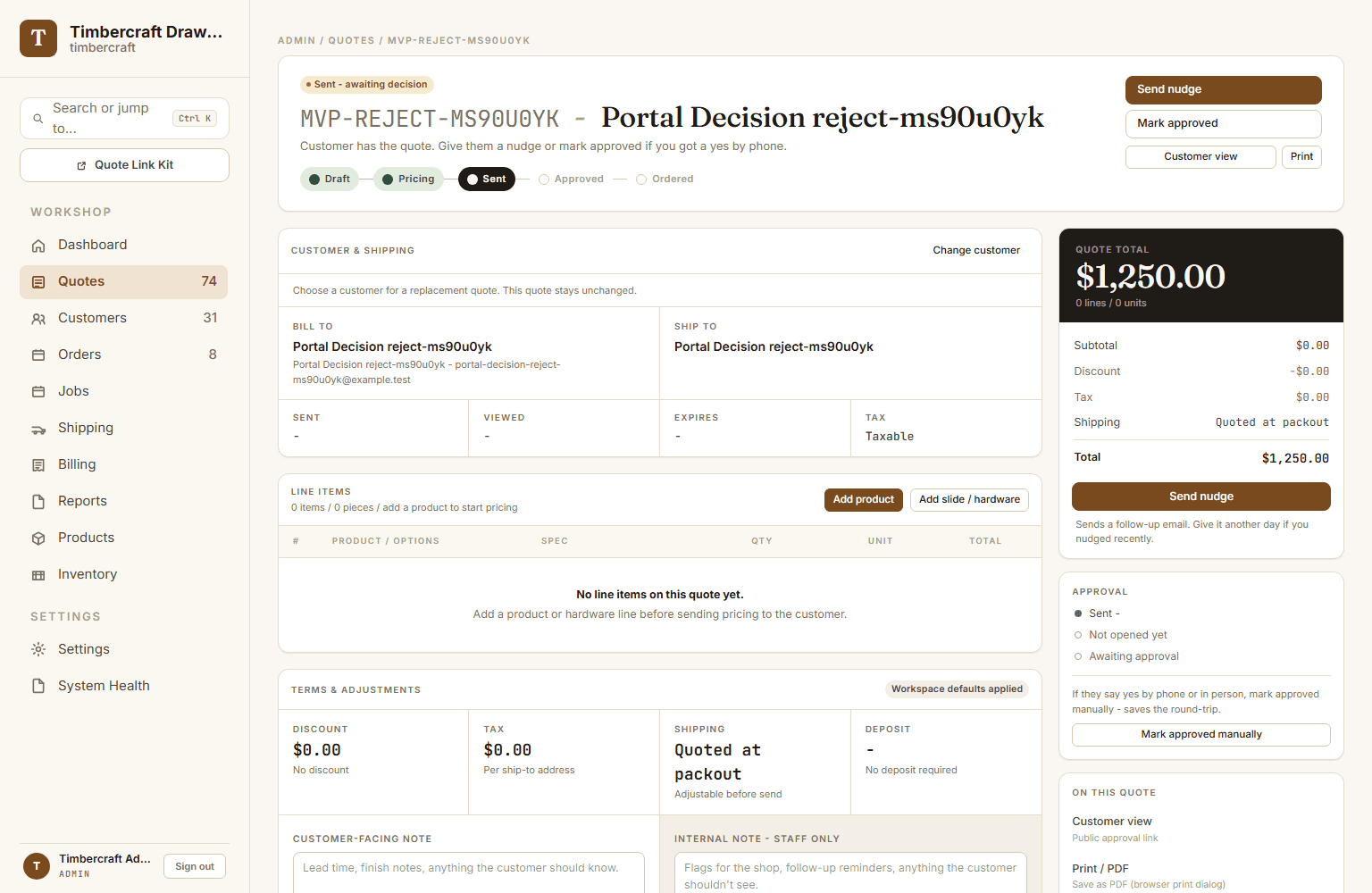 DrawerWorks quote workspace with customer, line items, pricing, and workflow actions