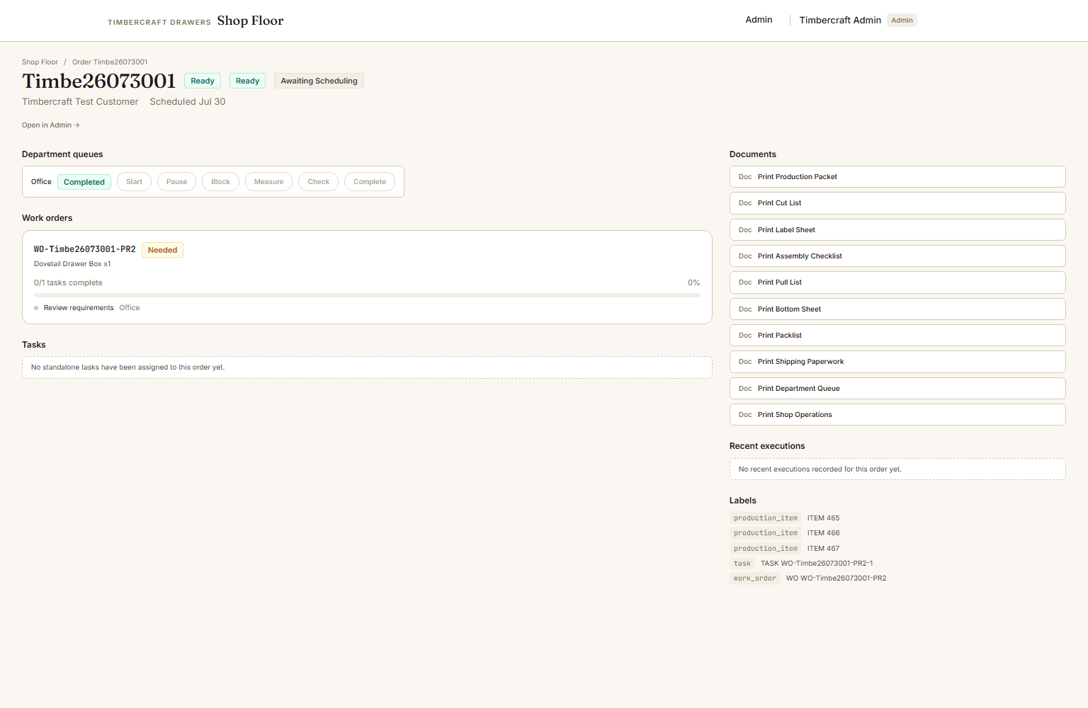 DrawerWorks shop-floor order execution workspace
